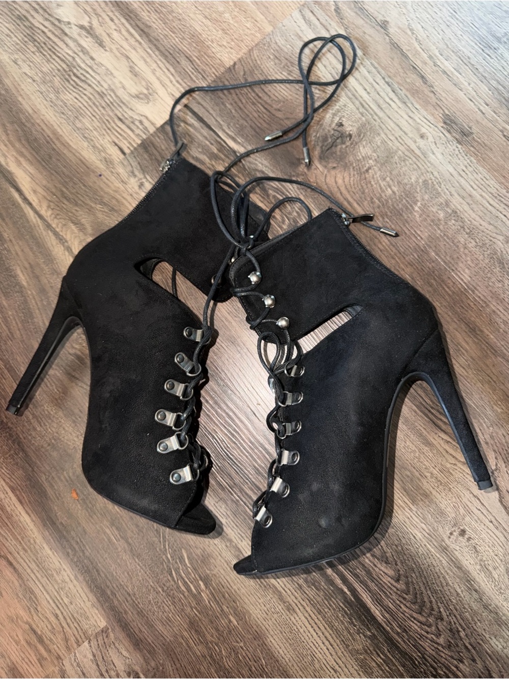 Black Lace-Up Peep-Toe High Heel Booties
